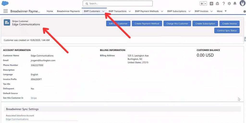 Example of a Stripe customer represented as a BWP Customer record in Salesforce