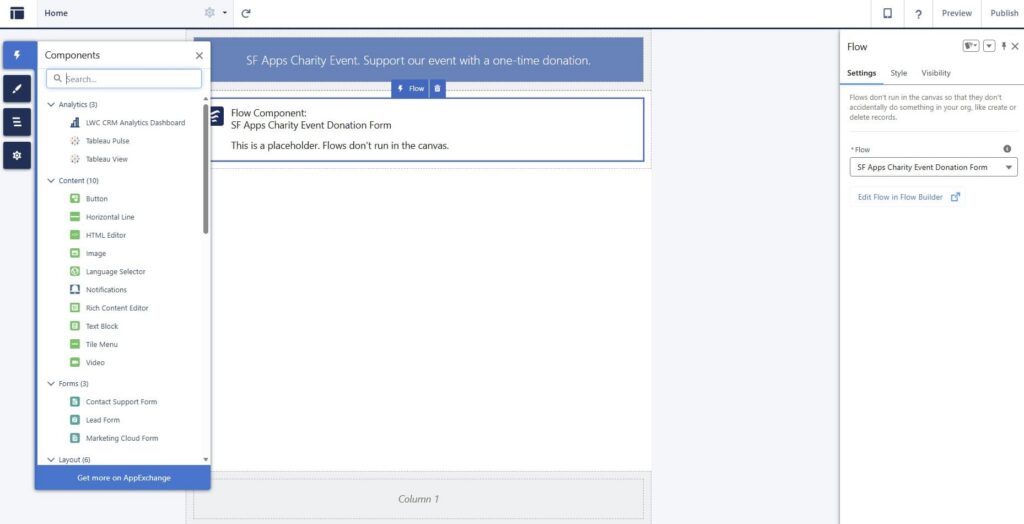 Salesforce Flow builder screenshot showing a charity donation form and a blue banner message across the top.