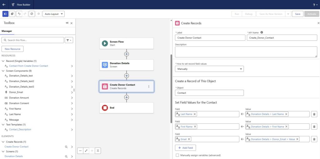 Flow Builder canvas showing steps: Start → Donation Details → Create Donor Contact → End; right panel maps Donation Details fields to Contact fields as Create Donor Contact.
