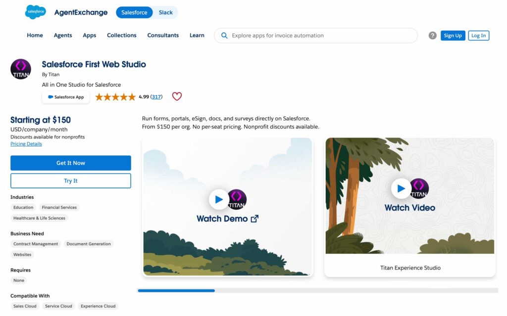 Salesforce First Web Studio listing on AppExchange