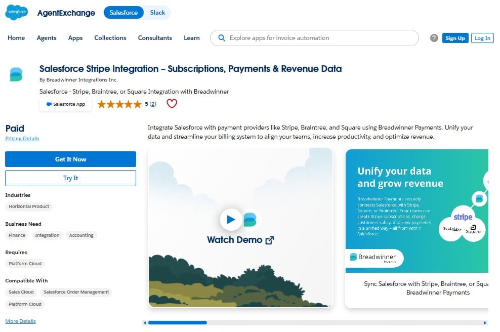 Salesforce Stripe integration product page with a Watch Demo thumbnail and a right-side data-unification panel to grow revenue.