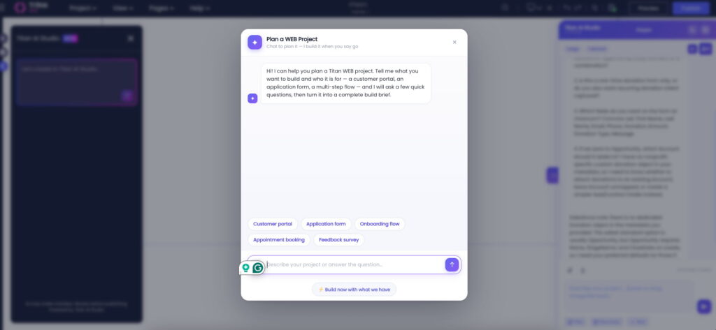 Titan AI Studio lets users choose the scope of the AI-generated project