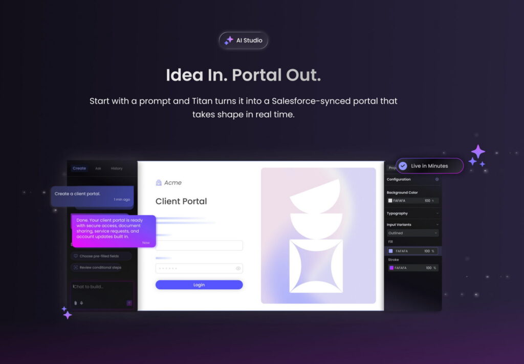 Titan AI Studio turns a natural-language request into a Salesforce-connected form or portal