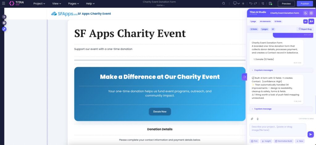 Titan-generated donation form with SFApps.info branding